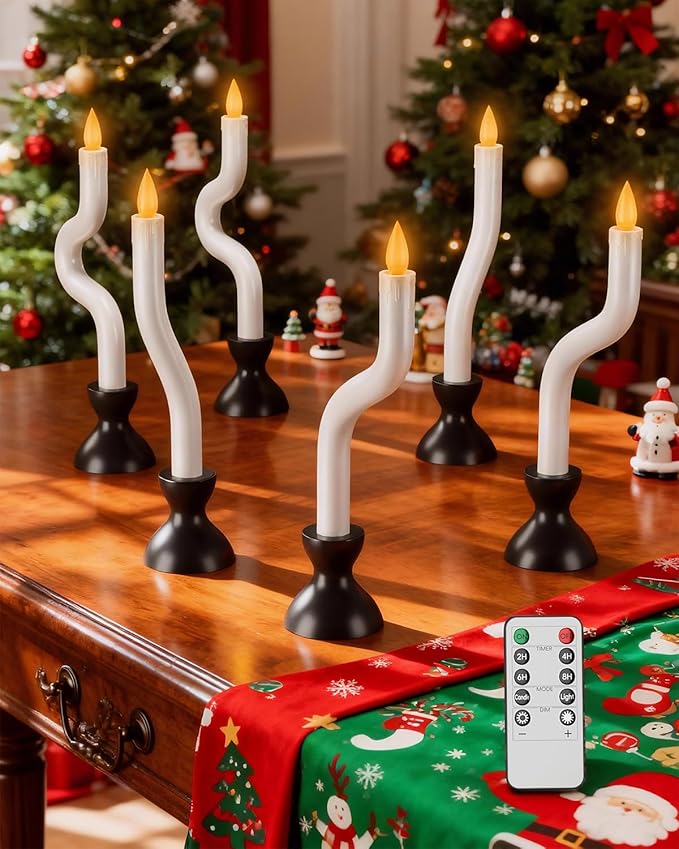 COOLWUFAN Window Candles with Remote Timer, 6 Pcs Flameless Taper Candles Battery Operated with Black Holder, Realistic LED Flickering Flame Dripless, Christmas Decorations Indoor for Home Party Fall