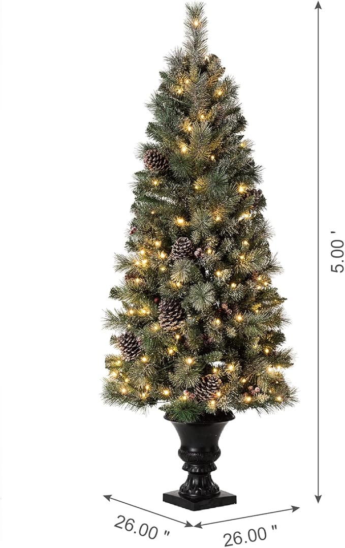 Glitzhome 5ft Pre-Lit Flocked Christmas Tree with Red Berries and Pine Cones, 130 Warm White Lights, 372 PVC & Pine Needle Mixed Tips, Potted Christmas Tree for Porch Home Holiday Decor