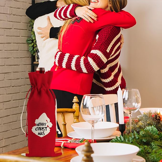 Funny Christmas Wine Bags for Wine Bottles Gifts Christmas Wine Bottle Cover Drawstring Gift Bags Red Burlap Wine Bag for Xmas Birthday Housewarming Holiday Wedding Party Decorations