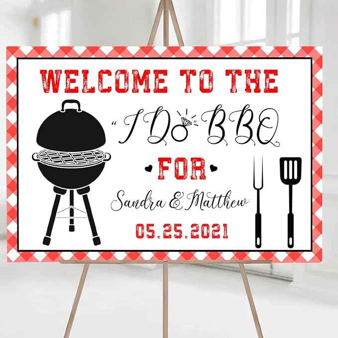 I Do BBQ Welcome Decoration - Printed Barbeque Sign for Engagement Party, Red Gingham Couples Shower