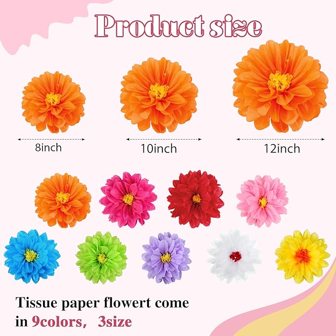 27 Pcs Mexican Flowers Party Decoration Fiesta Tissue Paper Fiesta Colorful Crepe Paper Flowers for Floral Backdrop Wedding Birthday Craft Wall 8" 10" 12"