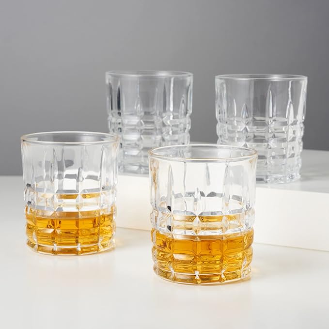 Viski Highland Crystal Whiskey Glasses, Elegant Drinking Glasses for Bourbon, Scotch, Cocktails, and Neat Spirits, Lowball Tumblers Perfect for Hosting, Housewarming Party, Home Bars, 10 oz, Set of 4