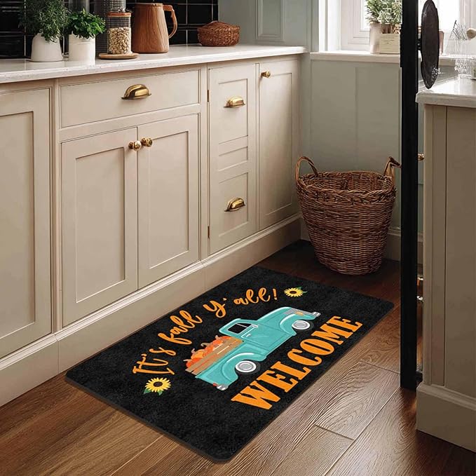 Fall Welcome Maple Leafs Decorative Door Mat, Autumn Thanksgiving Doormat for Indoor Outdoor Entrance Floor Mats,Fall Pumpkins Non Slip Harvest Vintage Decor Rubber Welcome Mats 30" x 18" Inch