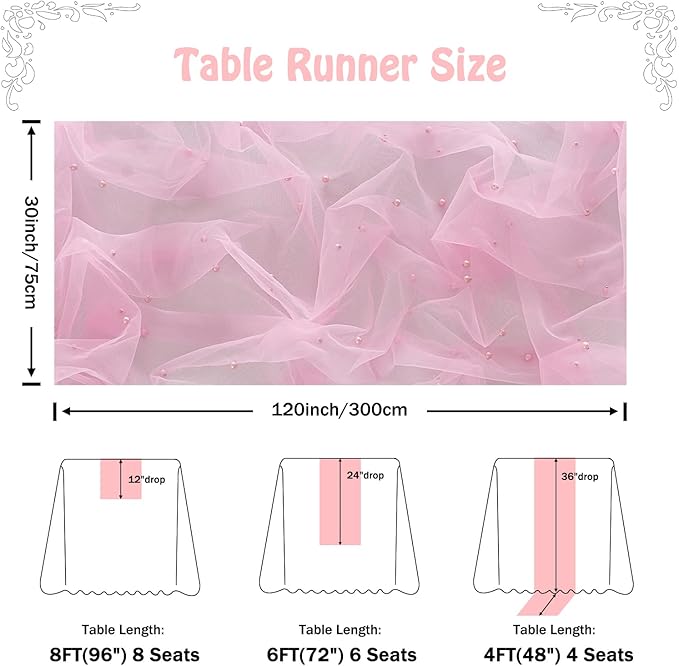 Fanami 1 Pack Pearl Table Runner -10FT Blush Pink Boho Tulle Table Runners 120 Inches Long Rustic Sheer Lace Fabric Centerpieces for Wedding Arch Birthday Party Bridal Veil Baby Shower Decorations