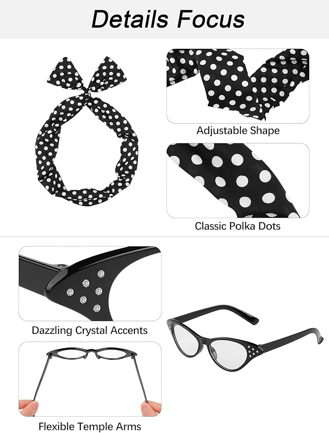 Aneco 6 Pack 50s Set Chiffon Scarf Cat Eye Glasses Bandana Tie Headband Earrings
