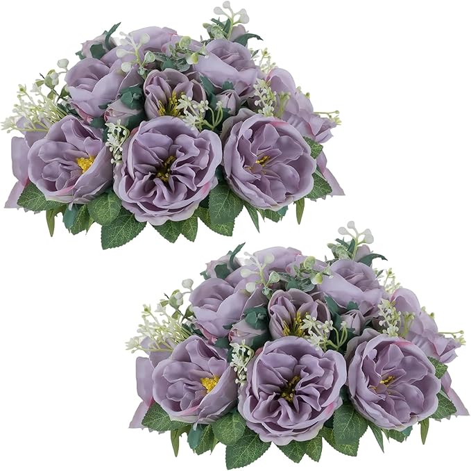 NUPTIO Artificial Flowers Ball Centerpieces: 2 Pcs 9.8 Inch Diameter Fake Kissing Rose Floral Balls for Wedding Party Bridal Shower Valentine Home - Purple Bouquet Arrangement Decorations for Table