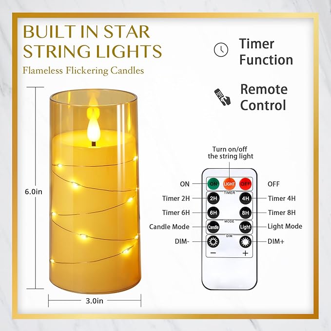 NURADA 3"x6"Flickering Flameless Candles: Built-in Star String Lights Acrylic Battery Operated LED Pillar Candles with Remote and Timer for Romantic Mood Home Decoration - 2 Pack Gold