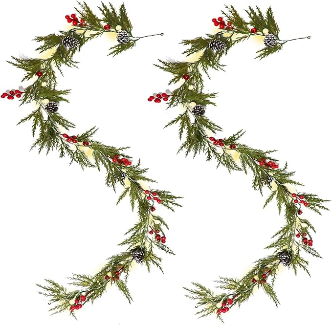 Christmas Garland 12FT 40 LED Bulbs Cypress Pine Garland with Lights Battery Operated with Bells Red Berries Pinecones Green Garlands Decoration for Xmas Holiday Thanksgiving New Year Home Decor