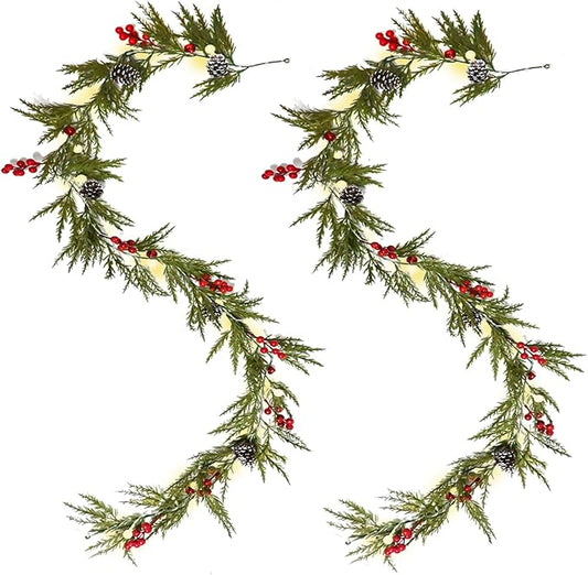 Christmas Garland 12FT 40 LED Bulbs Cypress Pine Garland with Lights Battery Operated with Bells Red Berries Pinecones Green Garlands Decoration for Xmas Holiday Thanksgiving New Year Home Decor