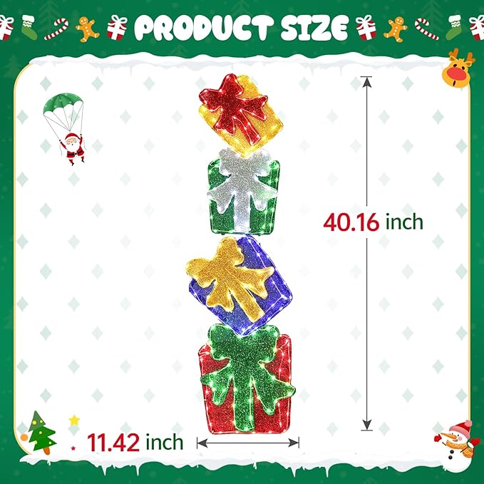 DomKom Set of 4 Flat Stacked Christmas Lighted Gift Boxes 40" Height - 2D Lighted Christmas Boxes with Built-in 200 LEDs & Bows - Indoor/Outdoor Plug-in Holiday Yard Display