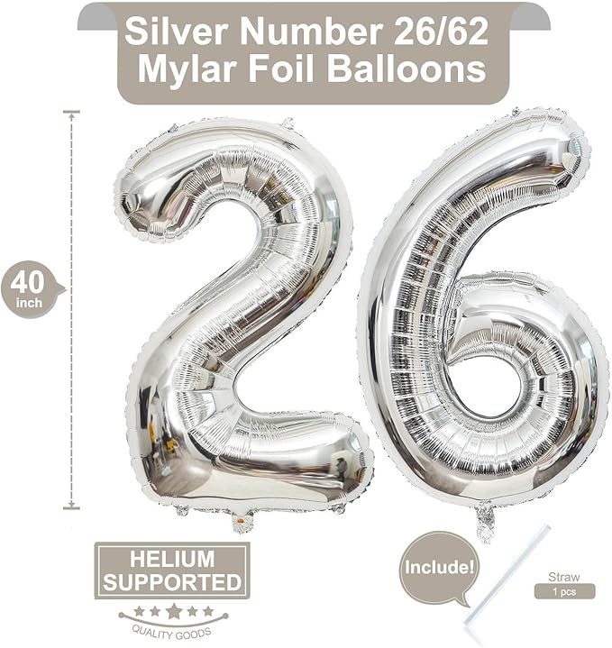 40 Inch Silver 26 Number Balloons Giant Jumbo Huge 26 or 62 Foil Mylar Helium Number Digital Balloons Silver Birthday Mylar Digital Balloons 26th or 62th Birthday Anniversary Events Party Decorations