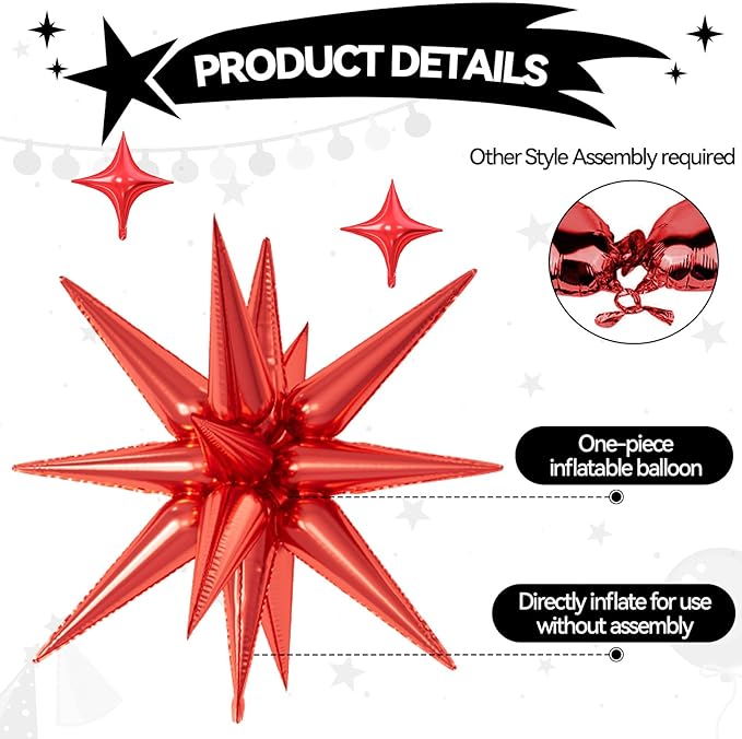 18 Pcs Black Red Star Balloons, Red and Black Balloon with 6 Pcs 22-Inch Explosion Star Balloons 12Pcs 10-Inch Four Pointed Stars Foil Balloon for Anniversary Disco Birthday Party Decorations