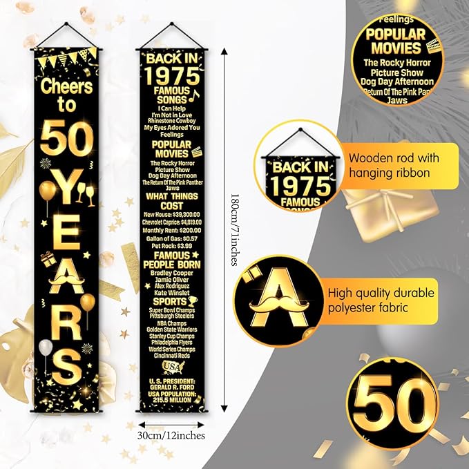 50th Birthday Party Anniversary Decorations Cheers to 50 Years Banner Party Decorations Welcome Porch Sign for Years Birthday Supplies (50th-1975)