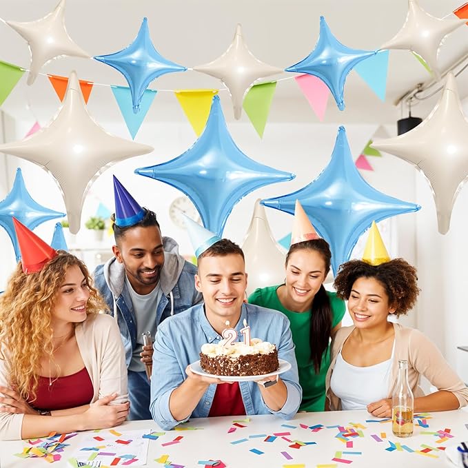 Blue White Star Balloons,12Pcs Four Angle Star Foil Balloons,26Inch and 10Inch Blue Cream White Quadrangle Helium Balloon for Birthday Baby Shower Anniversary Party Decorations