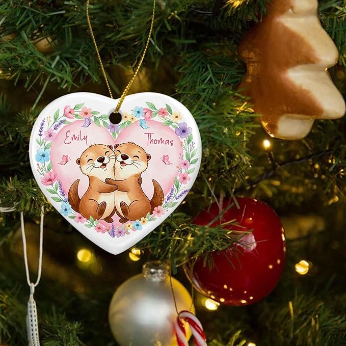 Couple Otter Together Ornament Christmas, Personalized Hugging Otters Ceramic Xmas Ornament, Gift for Couple Newlyweds Boyfriend Girlfriend, Custom Names Mr & Mrs Otter Married Ornaments Xmas