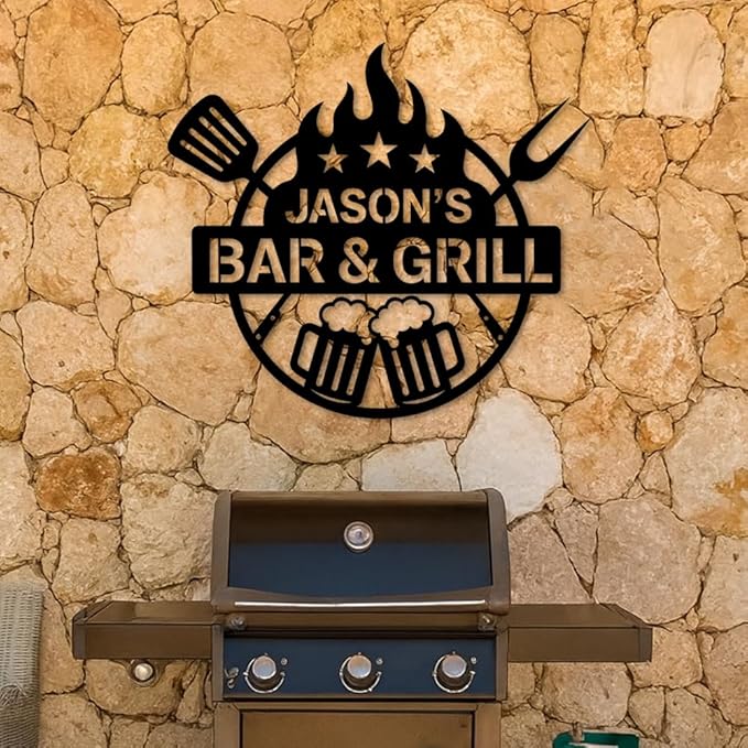 Custom Bar and Grill Metal Sign, Personalized Backyard BBQ Plaque with Beer Mugs and Fire Design, Outdoor Patio Wall Art for Home Bar or Garden, Rustic Grill Decor, Birthday, Christmas, Holiday Gift