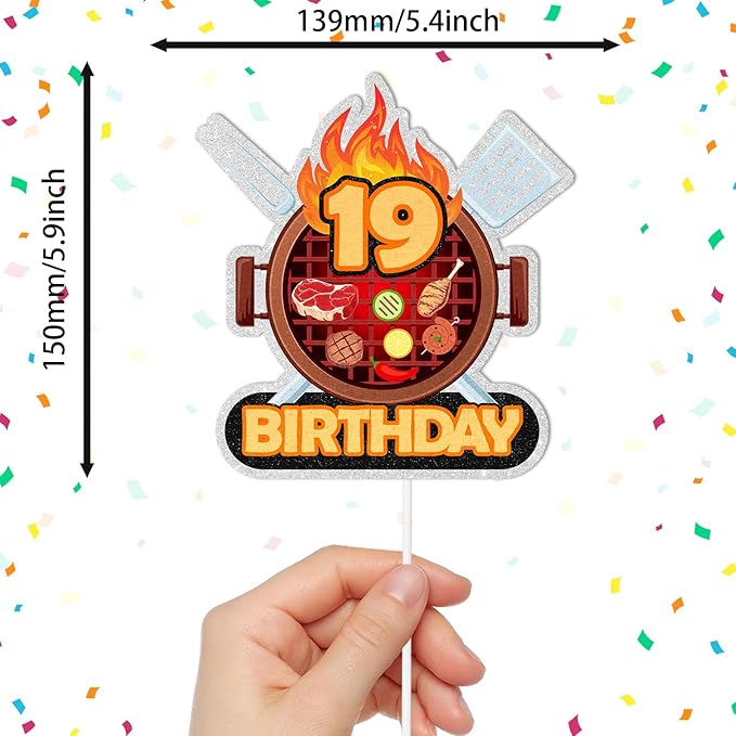 Barbecue Cake Topper BBQ Theme 19th Birthday Happy Sausage Kebab Decoration, Boy and Girl Birthday Party, Summer Outdoor Picnic Party, Anniversary Friend Family Gathering Cooking Grill Decoration