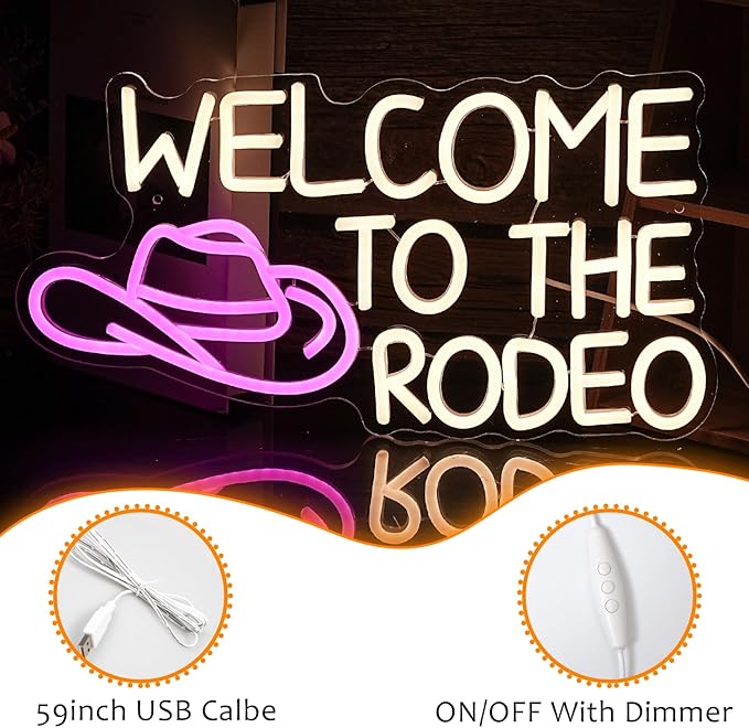 Welcome To The Rodeo Neon Sign Cowboy Neon Light For Wall Decor Dimmable LED Signs Welcome To The Rodeo Light Up Signs Living Room Man Cave Bar Recreation Room Decoration, Cowboy Gift for Men, Women