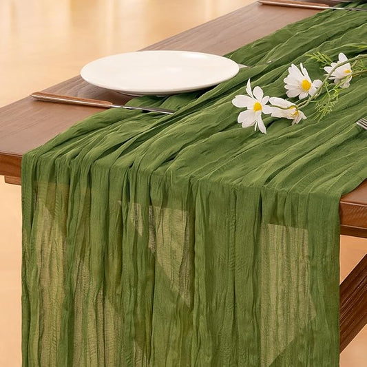 Socomi Olive Green Fall Thanksgiving Cheesecloth Table Runner Boho Rustic Gauze 120 inch 10FT Cheese Cloth Runner for Wedding Party Baby Shower Birthday Home Decor Holiday Decorations