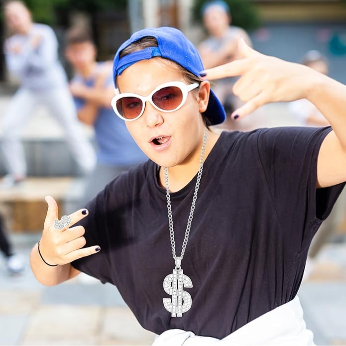 6 Pack Fake Gold-Colored Dollar Sign Chain Necklace Ring for 80s 90s Hip Hop Costumes Outfit, Rapper Jewelry for Men Women