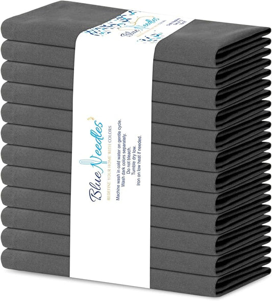 Blue Needles Solid Cloth Napkins Set of 12 Grey 100% Cotton Dinner Napkins 18x18 inches - Soft, Reusable, Absorbent & Washable Fall Thanksgiving Linen, Ideal for Events, Parties & Everyday Use