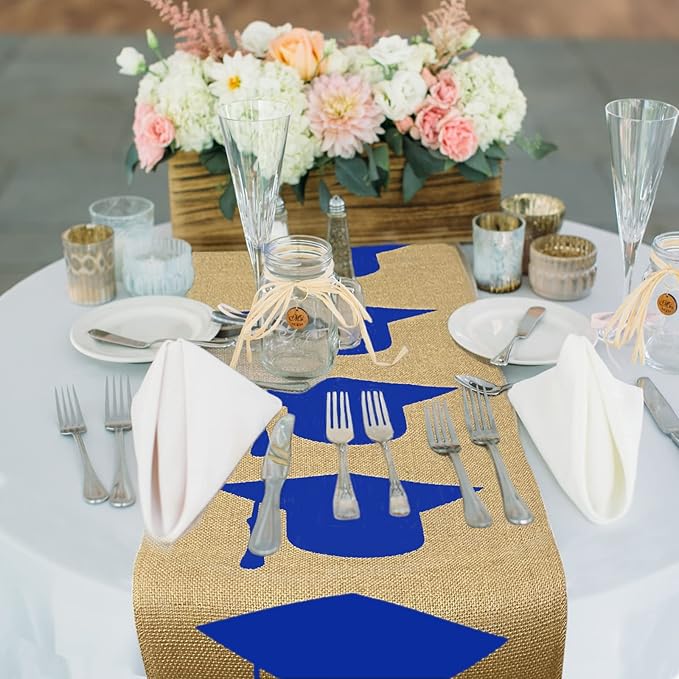 Burlap Graduation Table Runner 72 Inch - Rustic Decorations for Tabletop Centerpiece Decor Idea 2022 Party Supplies Cloth (Navy Blue) 1