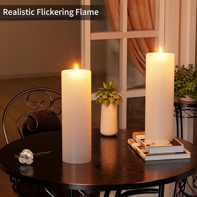 12" x 4" Large Outdoor Candles with Timer Waterproof Flickering LED Flameless Candles Battery Operated with Remote Fake Pillar Candles Realistic for Patio Porch Lanterns, White 2 Pack