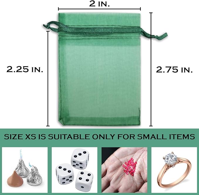 TheDisplayGuys 100-Pack XS 2 x 2 3/4" Dark Green Sheer Organza Gift Bags with Drawstring, Jewelry Candy Treat Wedding Party Favors Mesh Pouch