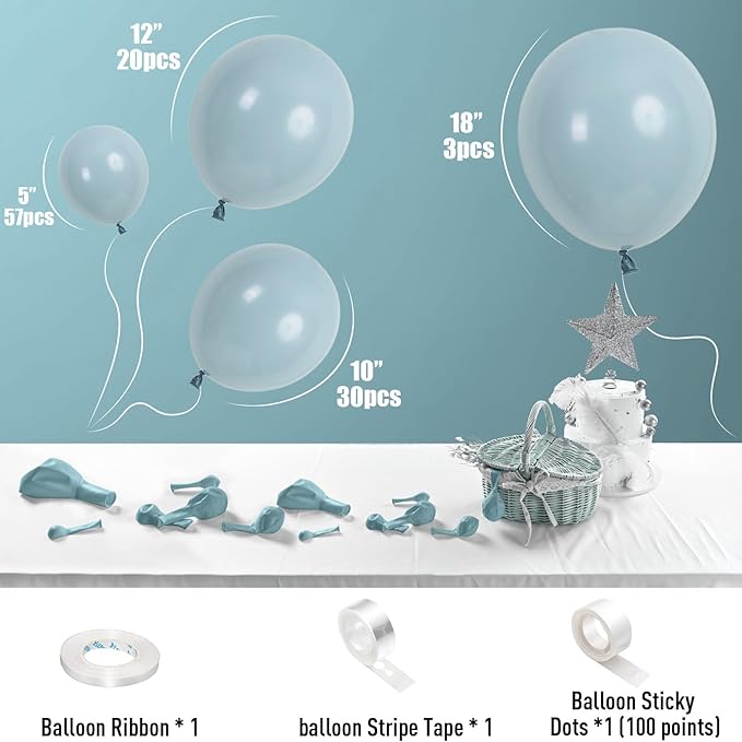Blue Balloons, 113Pcs Different Sizes Pale Aqua Blue Balloon Arch Garland Kit 18/12/10/5 Inch, Matte Retro Powder Light blue Latex Helium Balloon for Birthday Boho Baby Boys Shower Party Decorations