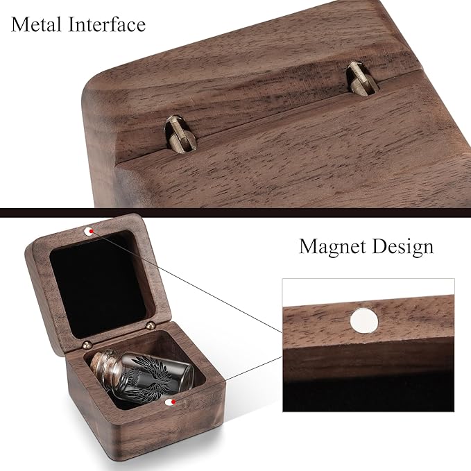 SOITIS Customized Engraving Wooden Box for Ashes - Small Glass Urn for Human Ashes Keepsake, Mini Urns for Ashes Cremation Holder, Funeral Keepsake for Women Men-Black Wings Urn