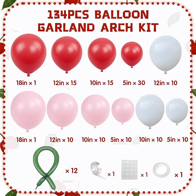 Cherry Balloon Garland Arch Kit, 134Pcs Pink and White Red Balloons Garland for Cherry Themed Birthday Princess Party Baby Shower Wedding Galentine's Bridal Shower Party Decorations