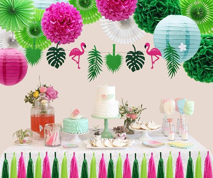 ADLKGG Tropical Flamingo Palm Leaf Banner Party Decorations, Hanging Paper Fans Paper Lanterns Pom Poms Flowers Tissue Tassels for Birthday Baby Shower Summer Hawaiian Party Bachelorette