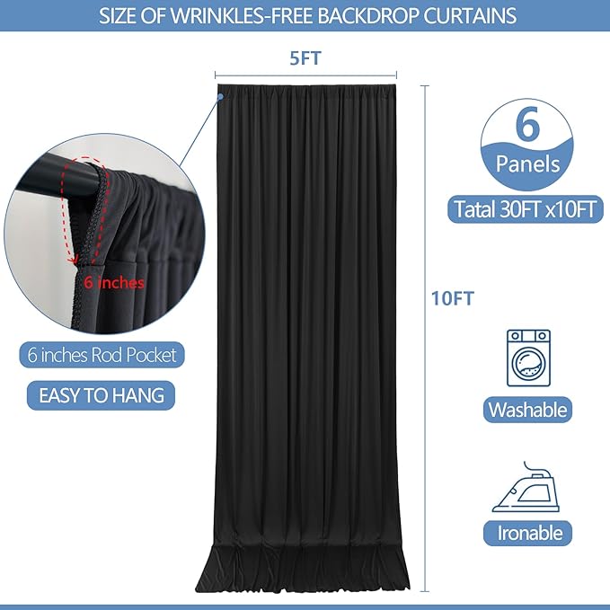 30x10ft Wrinkle Free Black Backdrop Curtain for Parties Soft Fabric Drapes Wedding Black Curtain Backdrop for Birthday Party Decorations Background for Photography 5x10ft, 6 Panels