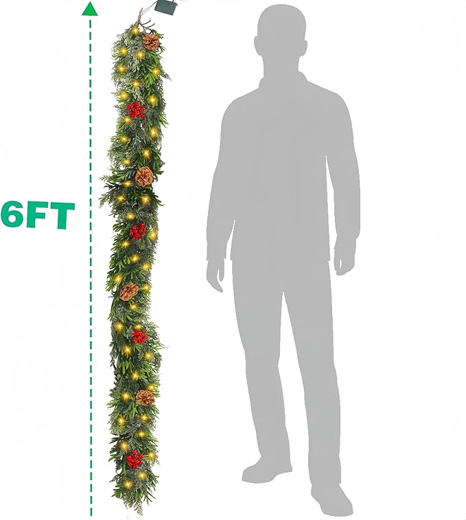 6FT Lighted Christmas Cedar Cypress Garland, Soft and Lush Pine Garland with 50 LEDs,Pre-lit Xmas Battery Operated with Timer for Outdoor Indoor Fireplace Mantle Stair Railings