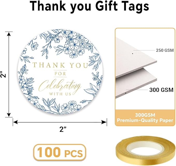 50PCS Thank You Gift Tags, 2x2 inch Blue Floral Personalized Gift Tags with String for Wedding Birthdays Party Favors Baby Shower Bridal Shower