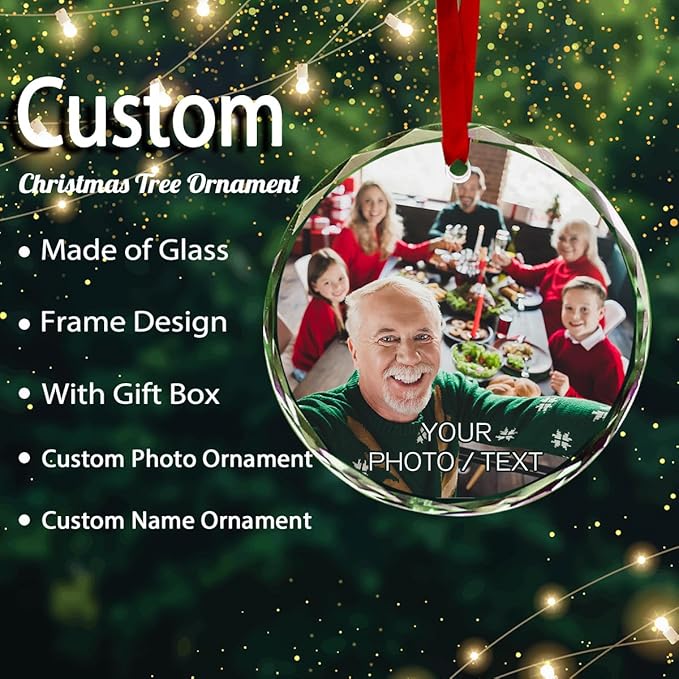 Personalized Round Christmas Crystal Glass Ornaments Custom 2025 Photo Ornament for Christmas Tree Decor Customized Xmas Tree Hanging Gifts for Family