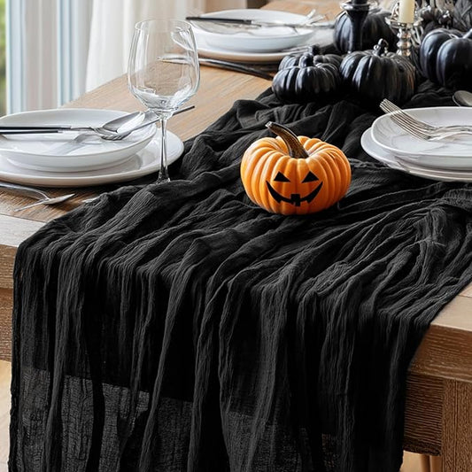Artoid Mode Boho Cheesecloth Gauze Black Wedding Table Runner, 120 Inch Seasonal Fabric Kitchen Dining Holiday Table Decor for Home Party Indoor