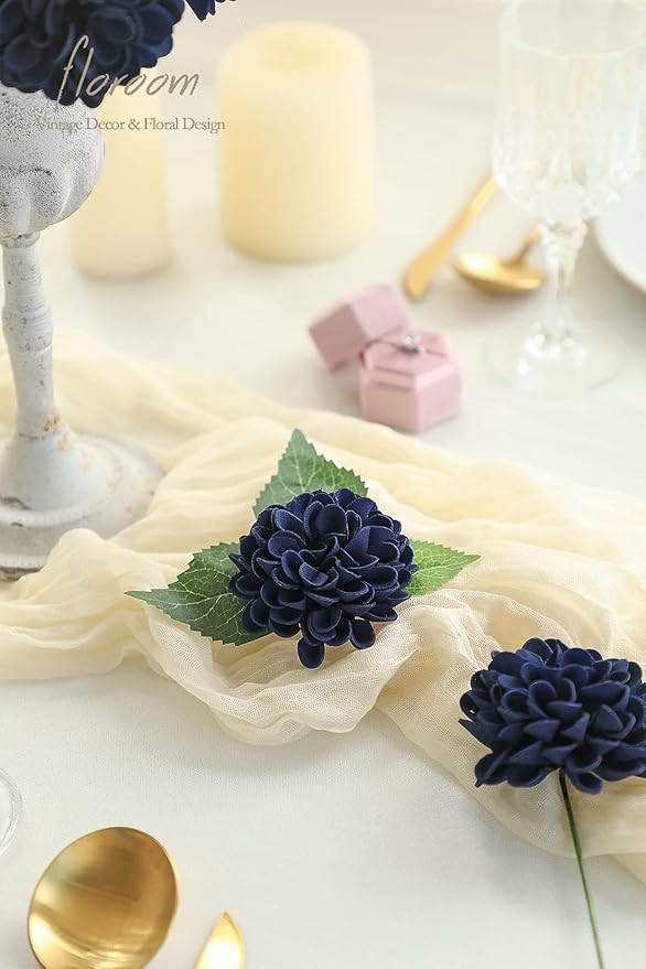 Floroom Artificial Dahlia Flowers 25pcs Real Looking Navy Blue Foam Fake Roses with Stems for DIY Wedding Bouquets Bridal Shower Centerpieces Floral Arrangements Party Tables Home Decoration
