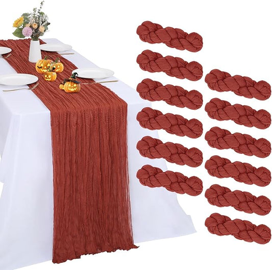 12 Pack Fall Table Runner Terracotta Cheesecloth 10FT Boho Gauze Fabric Burnt Orange Table Runner 35 x 120 Inch Rustic for Thanksgiving Wedding Decor Baby Shower Party Boho Decoration