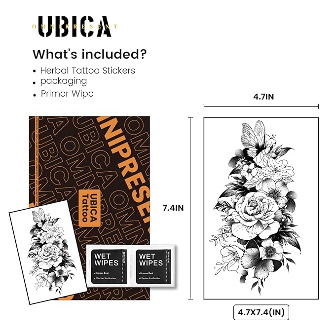 2 Sheets Semi Permanent Tattoos, Temporary Tattoo for Women, Lasts 7-15 Days Water-Resistant Fake Tattoo Stickers, Realistic Flower Design for Party (7.5x4.8 in), Non-Reflective & Safe for Skin