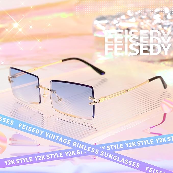 FEISEDY Vintage Rimless Sunglasses Rectangle Frameless Candy Color Glasses Women Men B2642