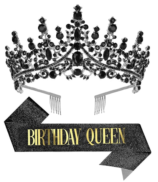 Birthday Tiara Crown with Sash for Women, Headband Hair Accessories for Wedding Party Costume Black