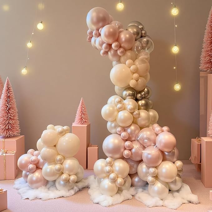 Dusty Pink and Gold Balloon, 12 Inch Double Stuffed Pearl Pastel Blush Pastel Pink Light White Metallic Gold Latex Balloons for Women Girls Birthday Baby Bridal Shower Wedding Boho Party Decorations
