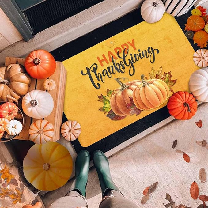 InterestPrint Happy Thanksgiving Doormat Orange Pumpkin Welcome Doormat Farmhouse Floor Mat Non-Slip Entrance Hello Rug Door Rugs for Indoor Outdoor Home Decor, 24"x16"inch