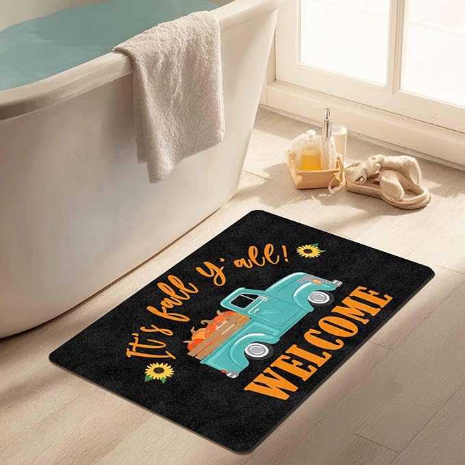 Fall Welcome Maple Leafs Decorative Door Mat, Autumn Thanksgiving Doormat for Indoor Outdoor Entrance Floor Mats,Fall Pumpkins Non Slip Harvest Vintage Decor Rubber Welcome Mats 30" x 18" Inch