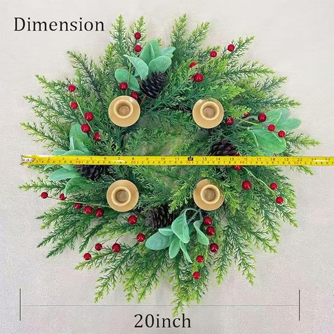 20 Inch Christmas Candlestick Wreath for Front Door,Artificial Pine Wood Paired with Berries Used for Window, Wall, Porch, and Other Indoor and Outdoor Home Decorations