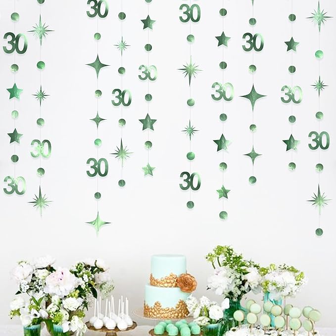Sage Green 30th Birthday Decorations Number 30 Circle Dot Twinkle Star Garland Metallic Streamer Banner Backdrop for Womens Cheers to 30 Years Old Dirty Thirty Happy 30th Anniversary Party Supplies