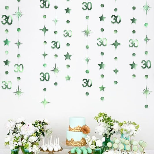 Sage Green 30th Birthday Decorations Number 30 Circle Dot Twinkle Star Garland Metallic Streamer Banner Backdrop for Womens Cheers to 30 Years Old Dirty Thirty Happy 30th Anniversary Party Supplies