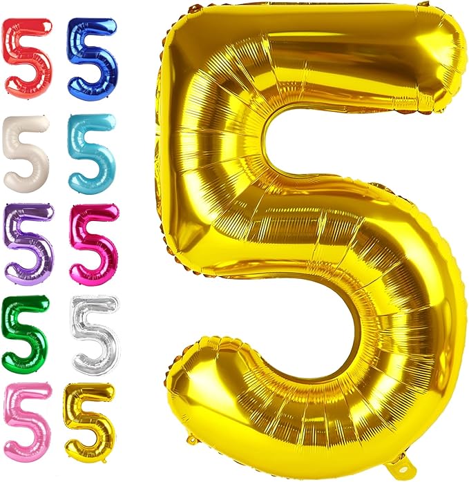 Large Gold 40 Inch Birthday Number 5 Balloon, Five 5th 15 25 35 50 55 Birthday Anniversary Celebration Decorations, Foil Mylar Helium Numbers 5 Balloons Girl Boy Party Supplies