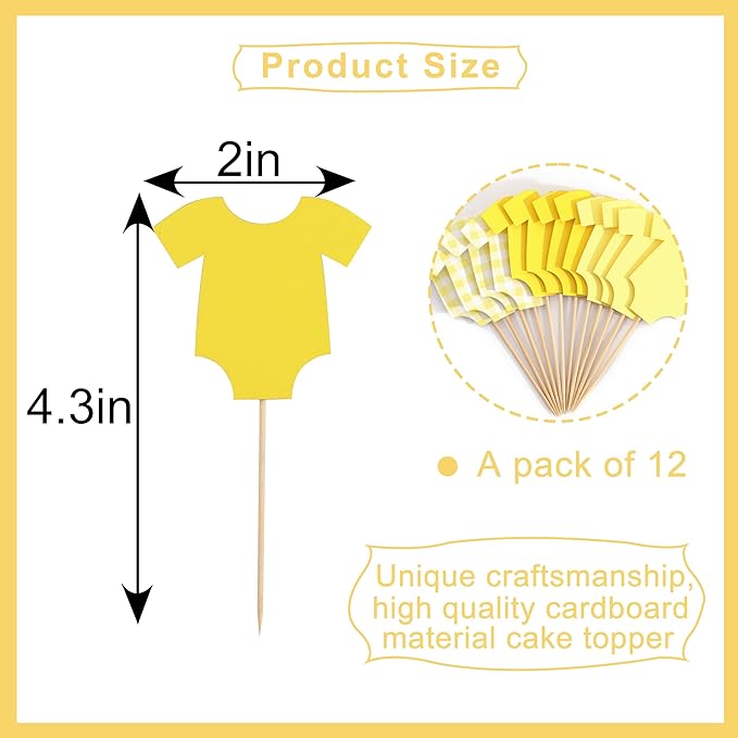 Yellow Bodysuit Cupcake Topper - Baby Shower Decoration Yellow Gingham Cake Topper,Baby Shower Bunting